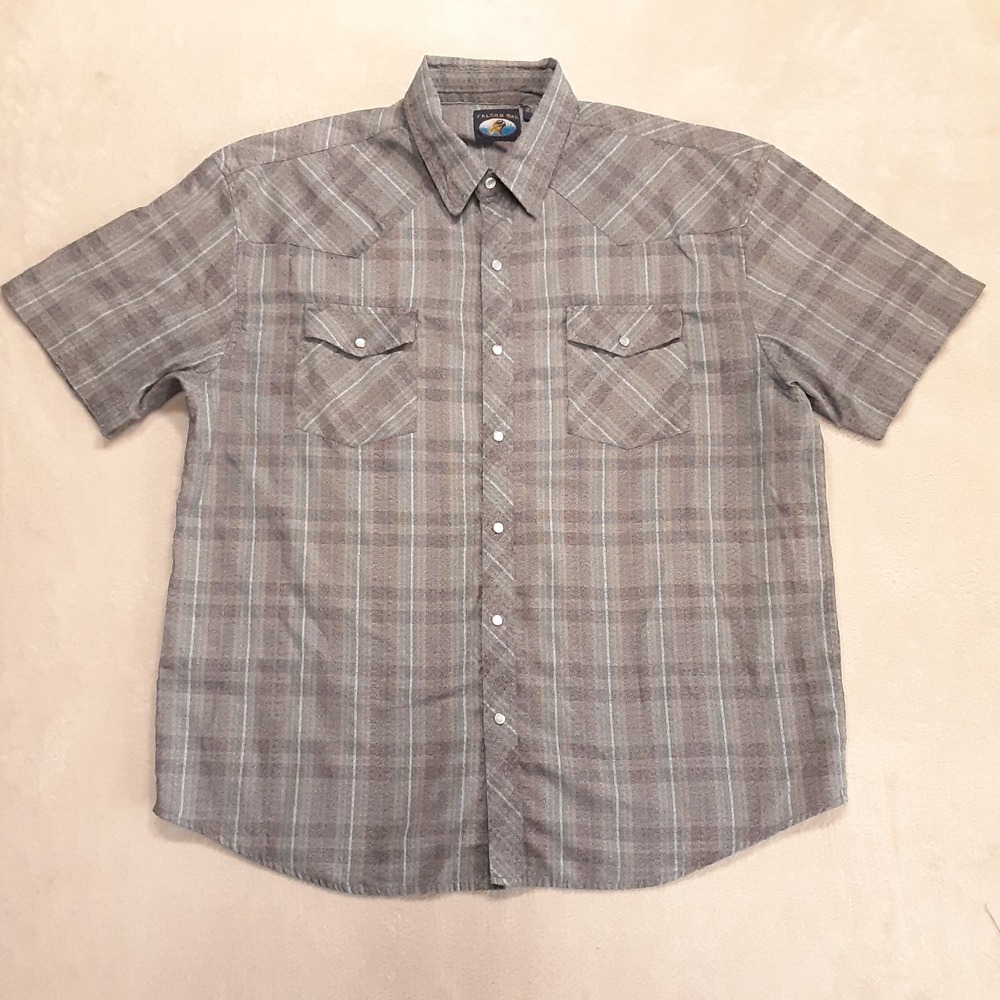 Vintage Falcon Bay Mens SS Pearl Snap Button Shirt 2XL Gray Plaid RN#0100734